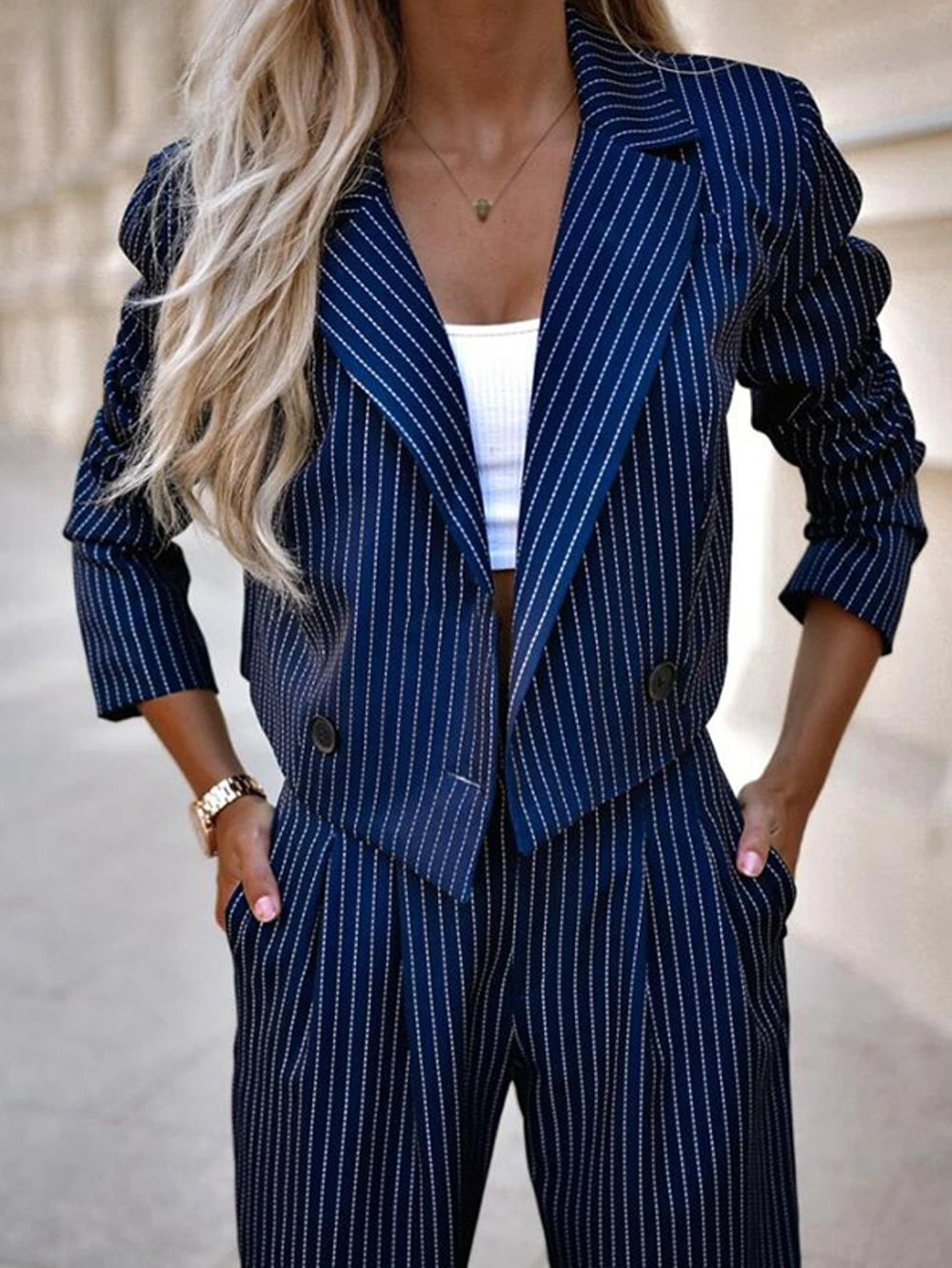 Striped Cropped Suit Set