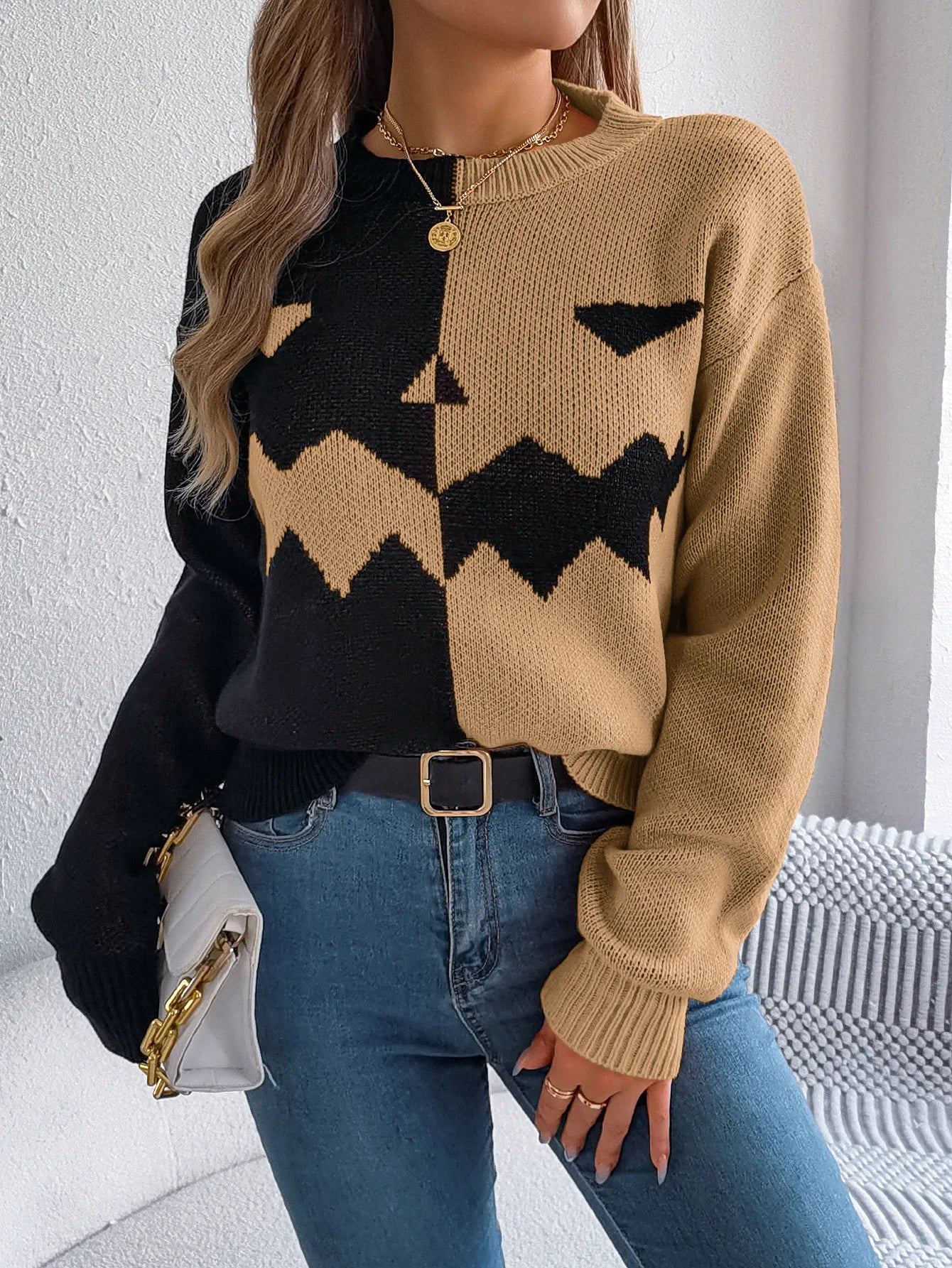 Halloween Knit Color-Block Sweater