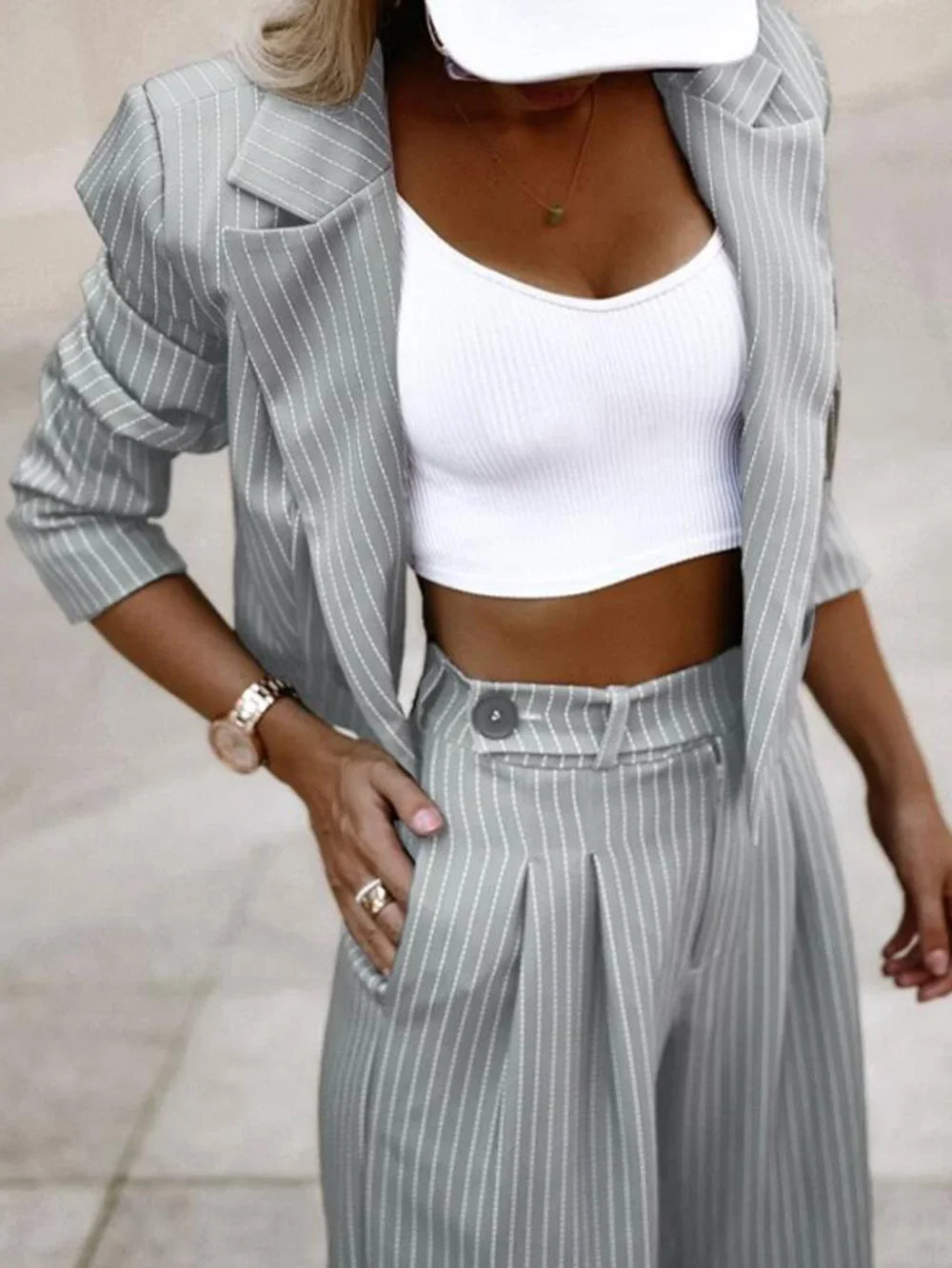 Striped Cropped Suit Set