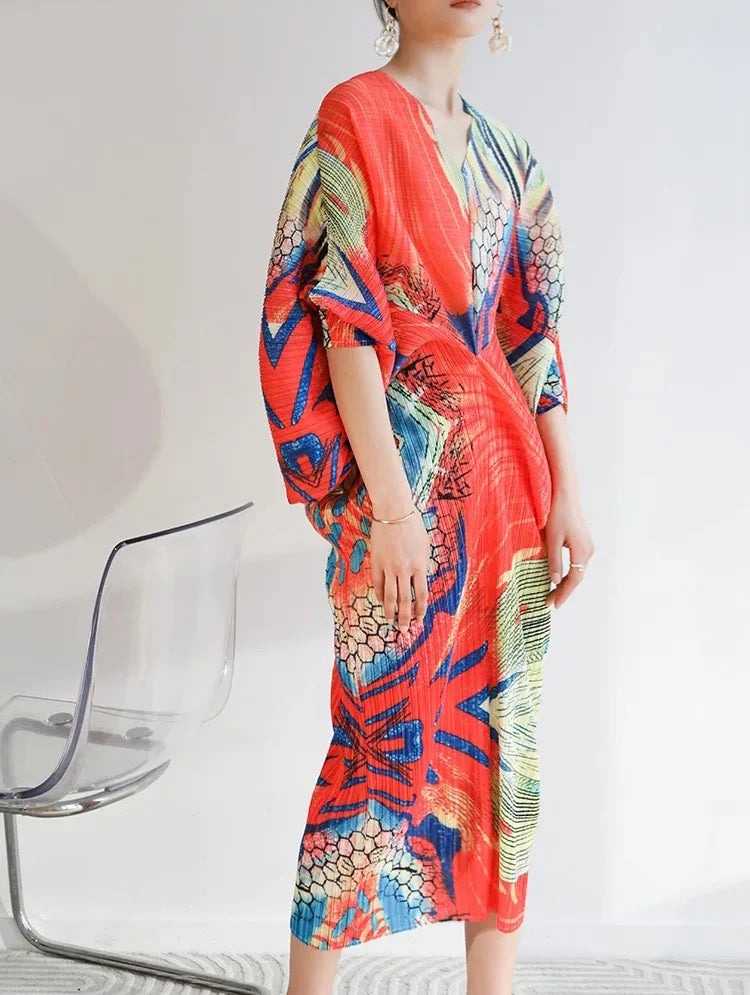 Abstract Color Burst Pleated Dress